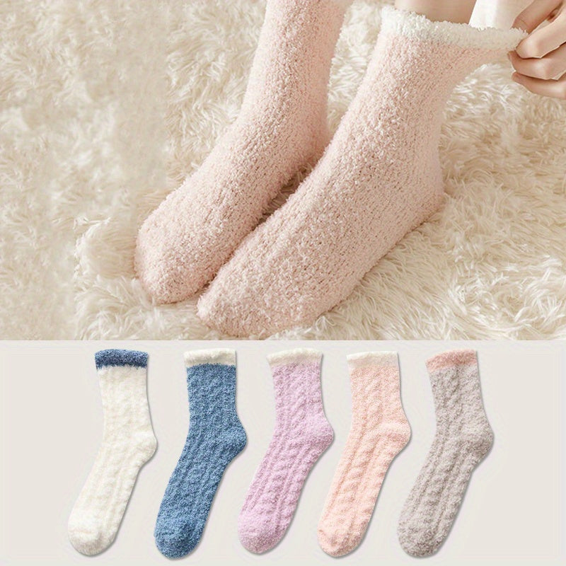 5 Pairs Mid Tube Fuzzy Floor Socks Warm & Comfy Women's Stockings