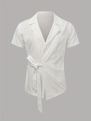 Men's Casual Cotton Shirt Lace Up Lapel Short Sleeve for Summer
