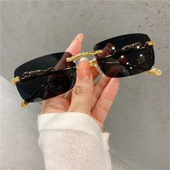 Vintage Rimless Cut Edge Sunglasses Golden Leopard Frame UV400