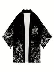 Japanese Octopus Pattern Kimono Jacket V Neck Short Sleeve Coat