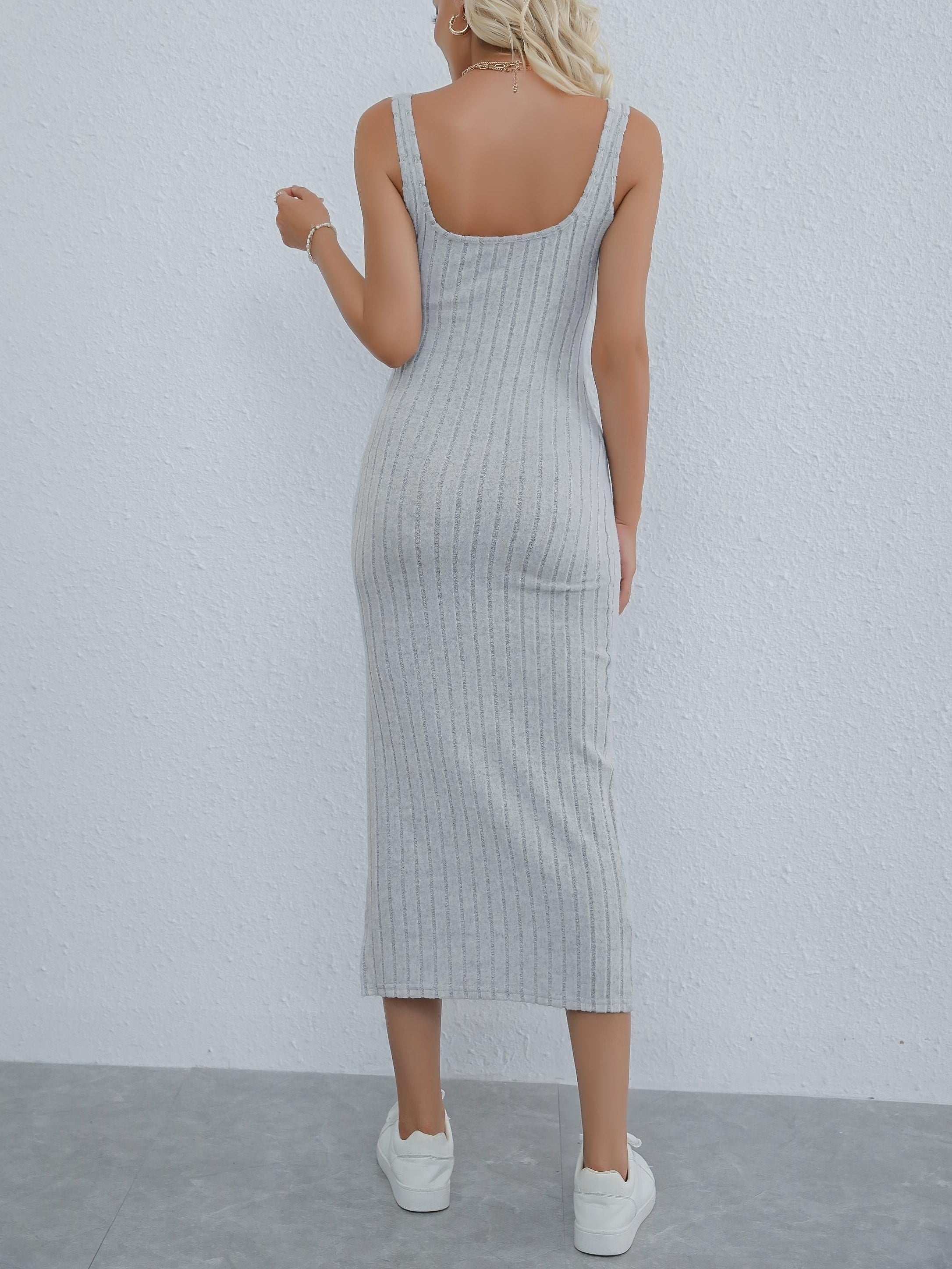 Split Ribbed Dress Sexy Solid Squared Neck Sleeveless Maxi Dress