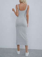 Split Ribbed Dress Sexy Solid Squared Neck Sleeveless Maxi Dress