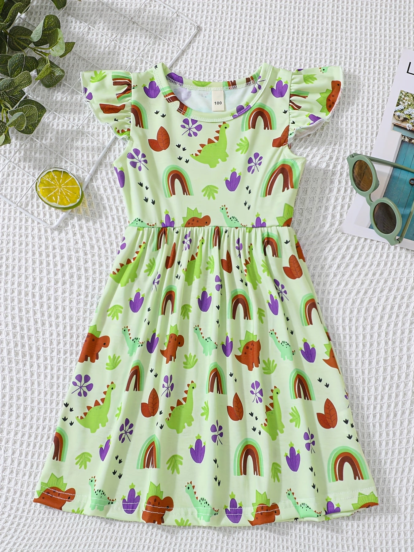 Rainbow Cactus Print Dress Girls Western Style Comfort Fit Summer Spring