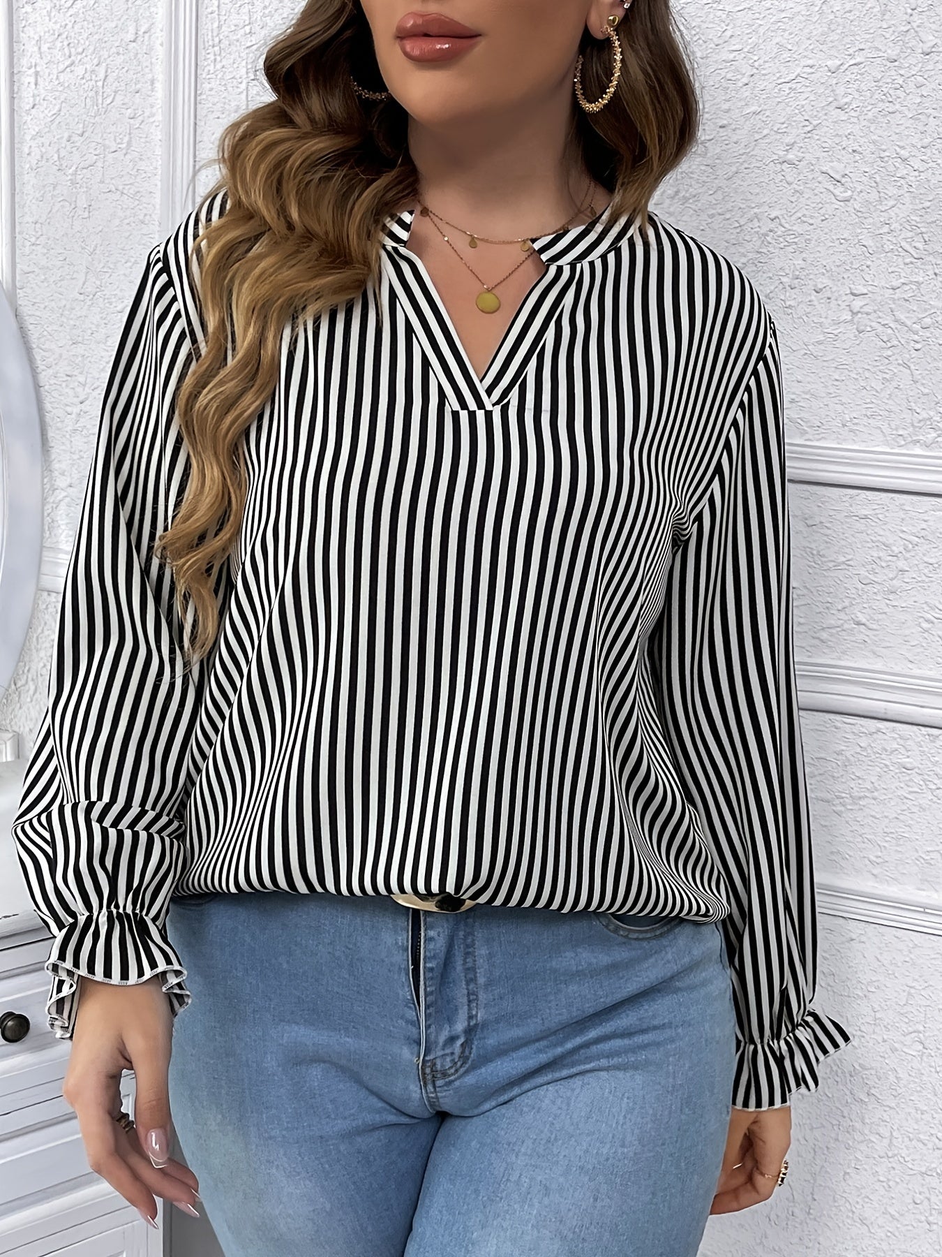 Striped Print Lantern Sleeve V Neck Blouse Plus Size Casual Blouse