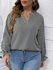 Striped Print Lantern Sleeve V Neck Blouse Plus Size Casual Blouse
