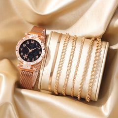 Rhinestone Studded Quartz Watch & 6 Bracelets Set