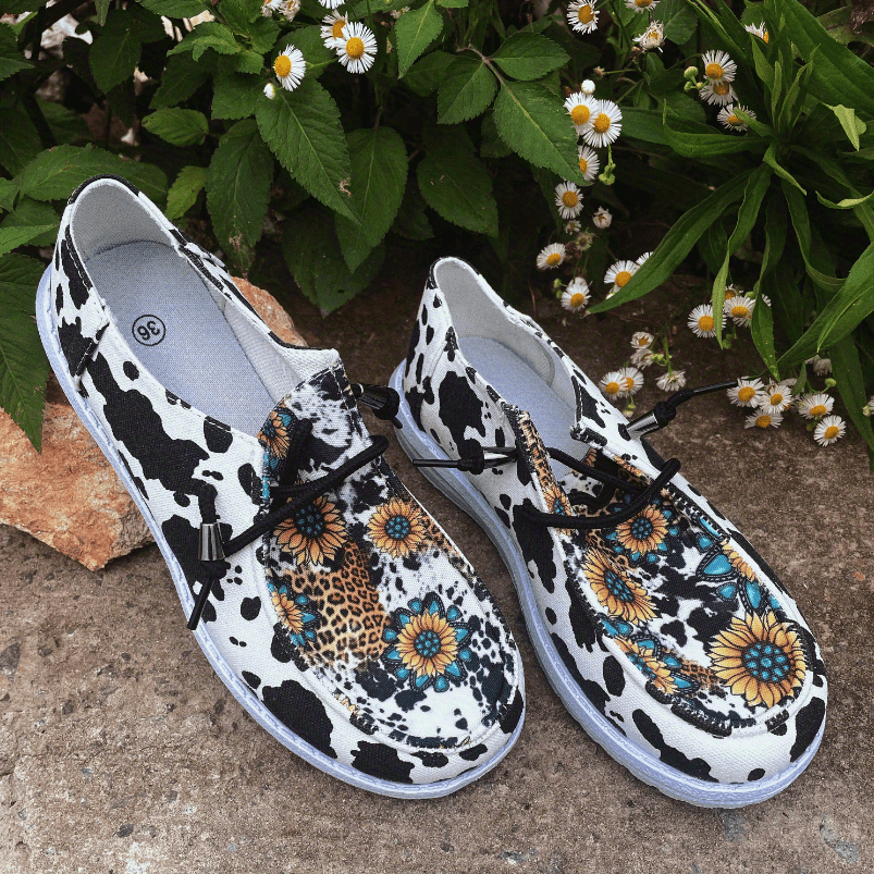 Floral & Cow Pattern Loafers Lace up Round Toe Low Top Shoes