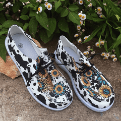 Floral & Cow Pattern Loafers Lace up Round Toe Low Top Shoes