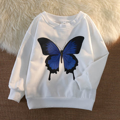 Girls Butterfly Print Pullover Round Neck Long Sleeve Loose Sweatshirt Top