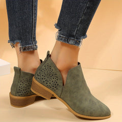 Women's Back Hollow Out Point Toe Chunky Heel Short Boots Slip On Ankle Boots