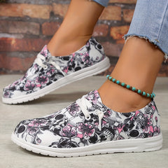 Women's Skull & Flower Print Canvas Shoes Low Top Sneakers Lightweight