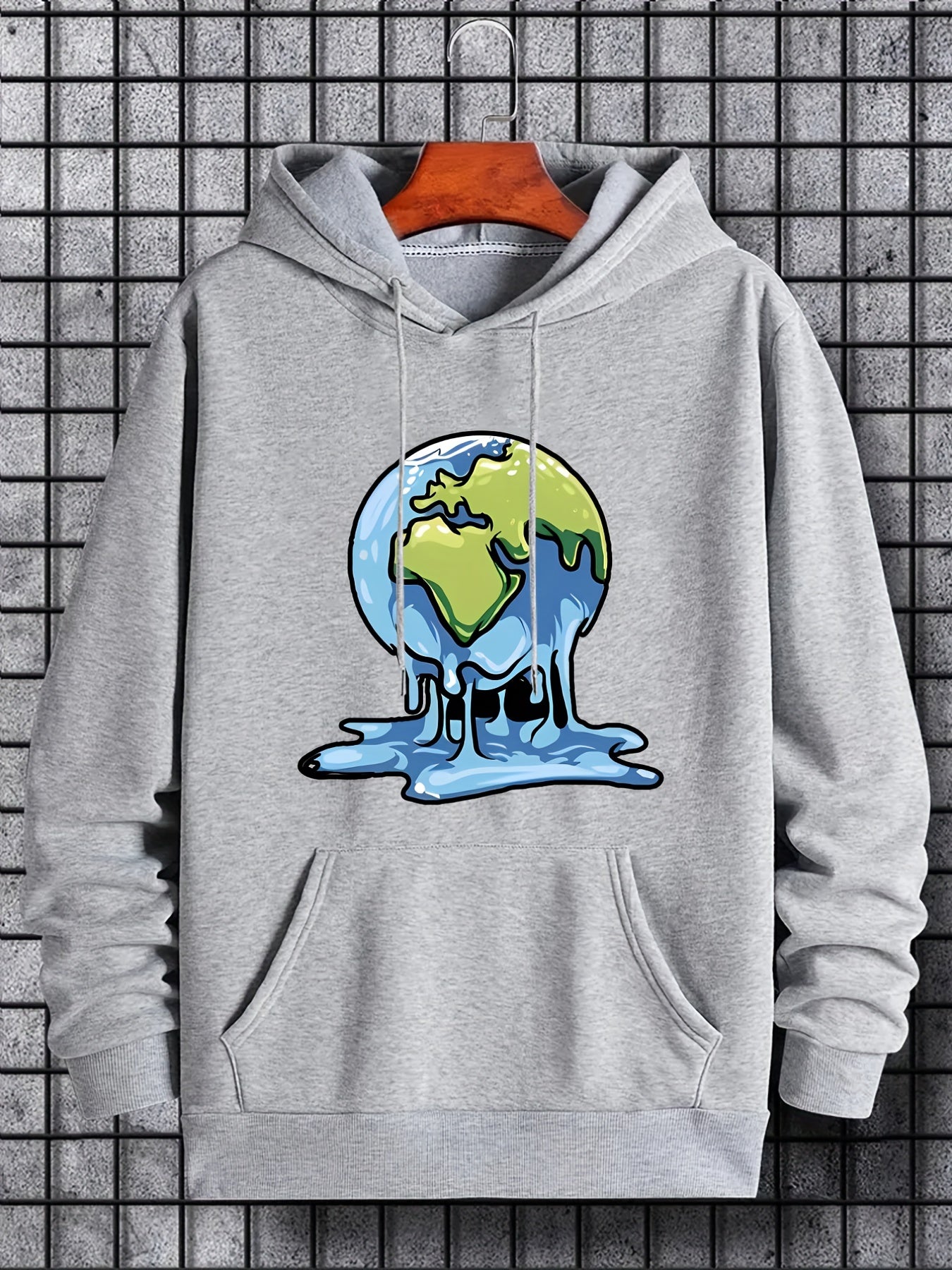 Melting Earth Print Hoodie Men's Casual Graphic Pullover Hooded Sweatshirt