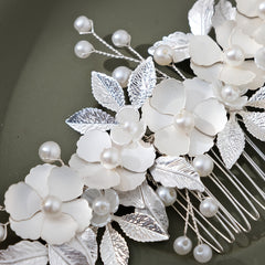 Pearl Flower Hair Comb Golden Leaf Headpiece