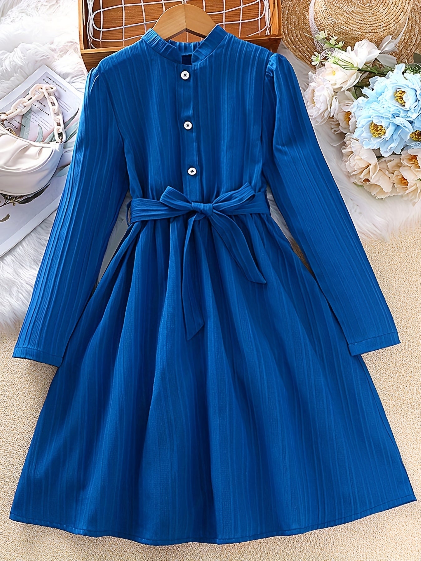 Girls Retro Princess Dress Midi Length Long Sleeve Casual Dress