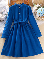 Girls Retro Princess Dress Midi Length Long Sleeve Casual Dress