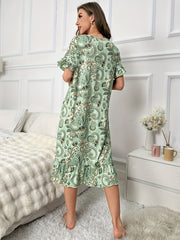 Geometric Pattern NightDress Short Sleeve Ruffle Pajama Dress