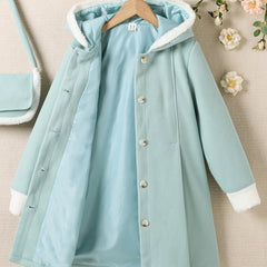 Girls Fleece Button Down Hooded Overcoat Jacket