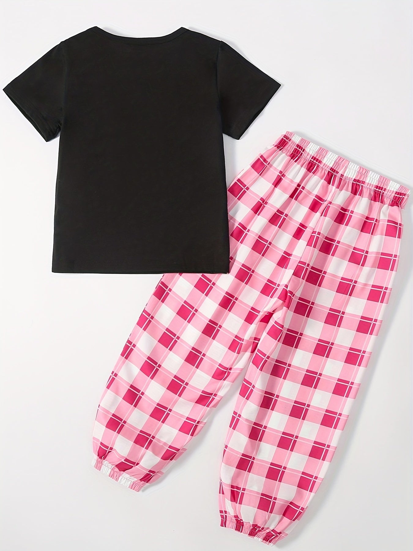 Girls Casual T-shirt & Plaid Trousers Set Loungewear Set