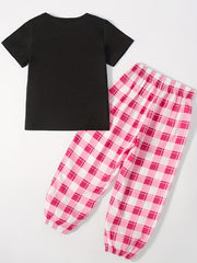 Girls Casual T-shirt & Plaid Trousers Set Loungewear Set