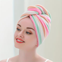Rainbow Striped Hair Drying Cap Soft Coral Velvet Hair Towel