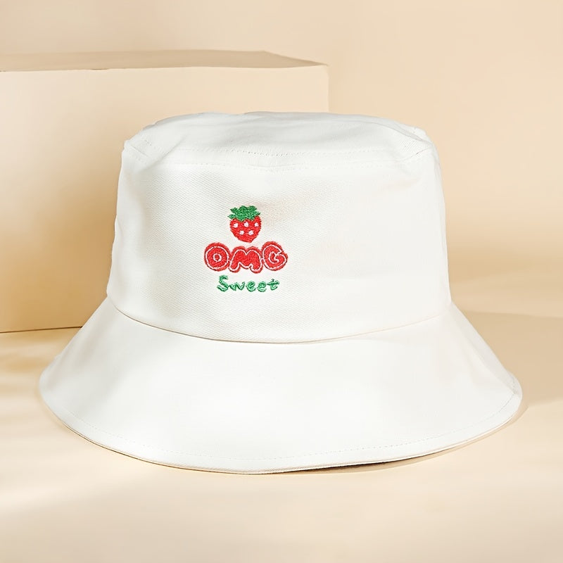 Strawberry Embroidery Bucket Hat Outdoor Fisherman Cap
