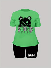 2 Piece Set Women's Letter & Bear Print Crop Top & Shorts