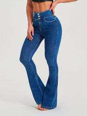 Mid Waist Flare Leg Jeans Sexy Medium Strech Button Fly Denim Pants