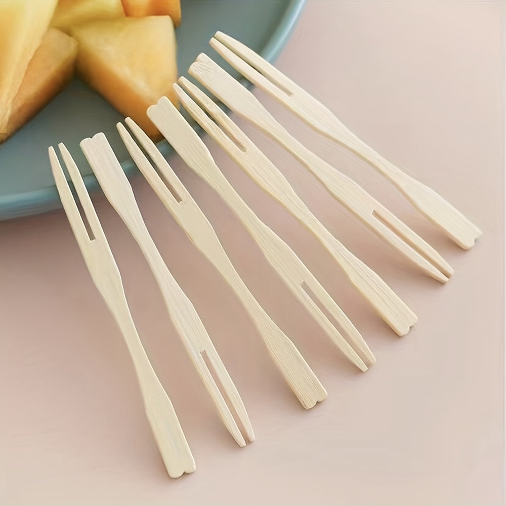 100 Pcs Bamboo Forks Mini Food Picks Double Prong Cocktail Dessert Fruit Picks