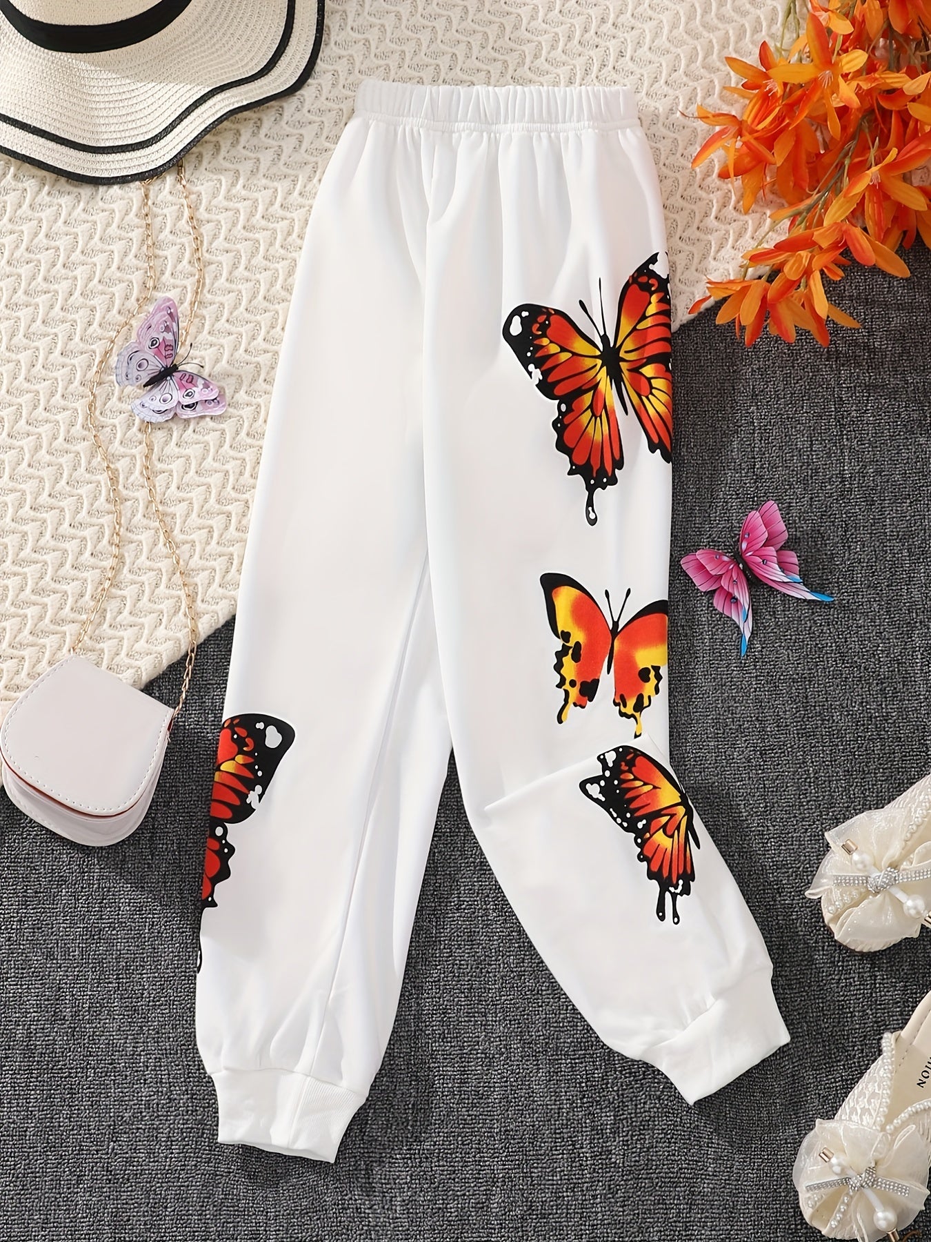 Girls Butterfly Print Jogger Pants for Spring/Fall