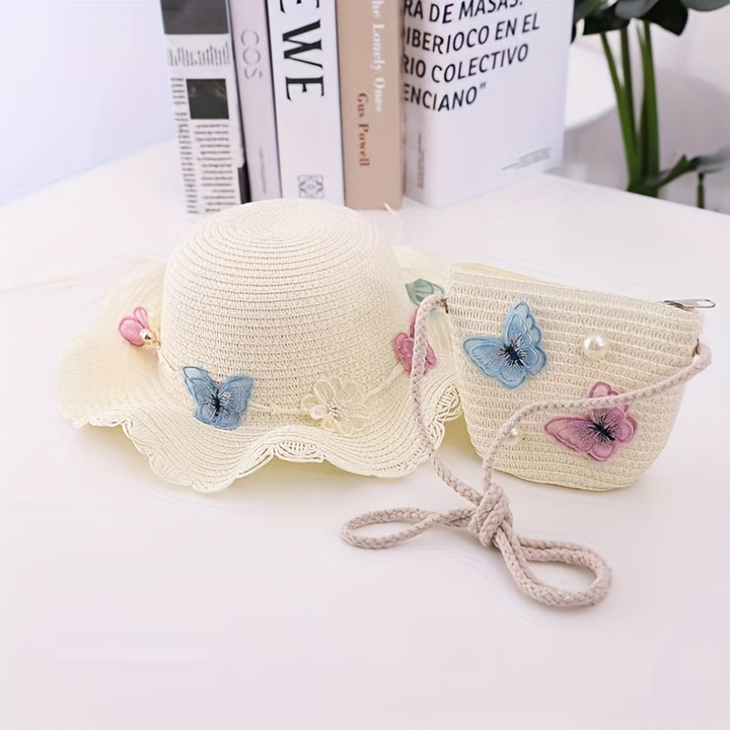 2pcs Girls Lace Trim Straw Hat Sun Hat & Zipper Straw Bag Set for Spring Summer