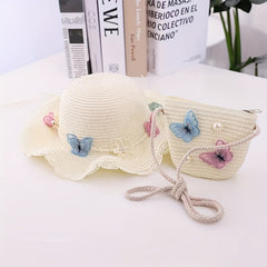 2pcs Girls Lace Trim Straw Hat Sun Hat & Zipper Straw Bag Set for Spring Summer