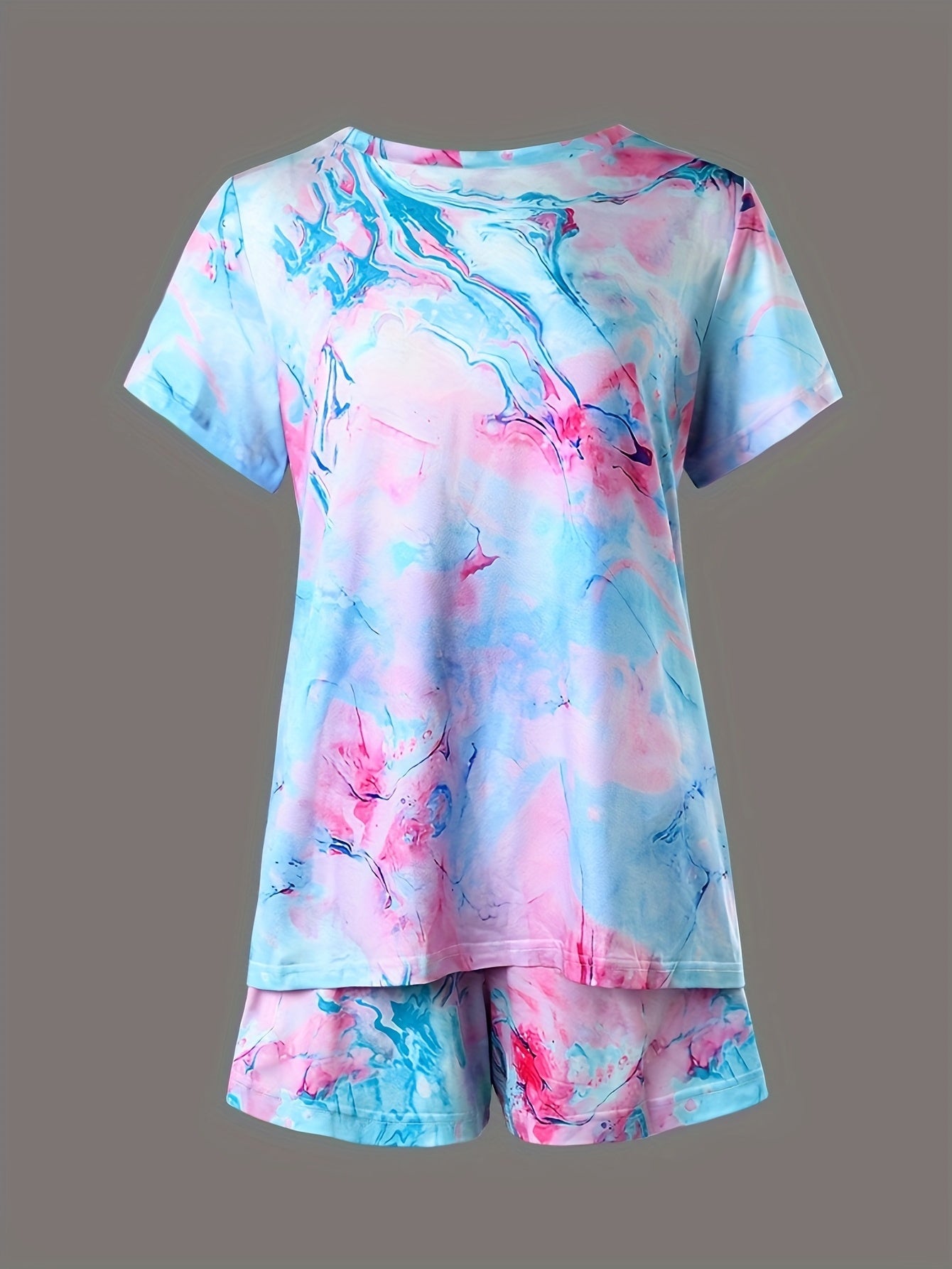 Colorblock Lounge Set Short Sleeve Crew Neck Top & Elastic Waistband Shorts