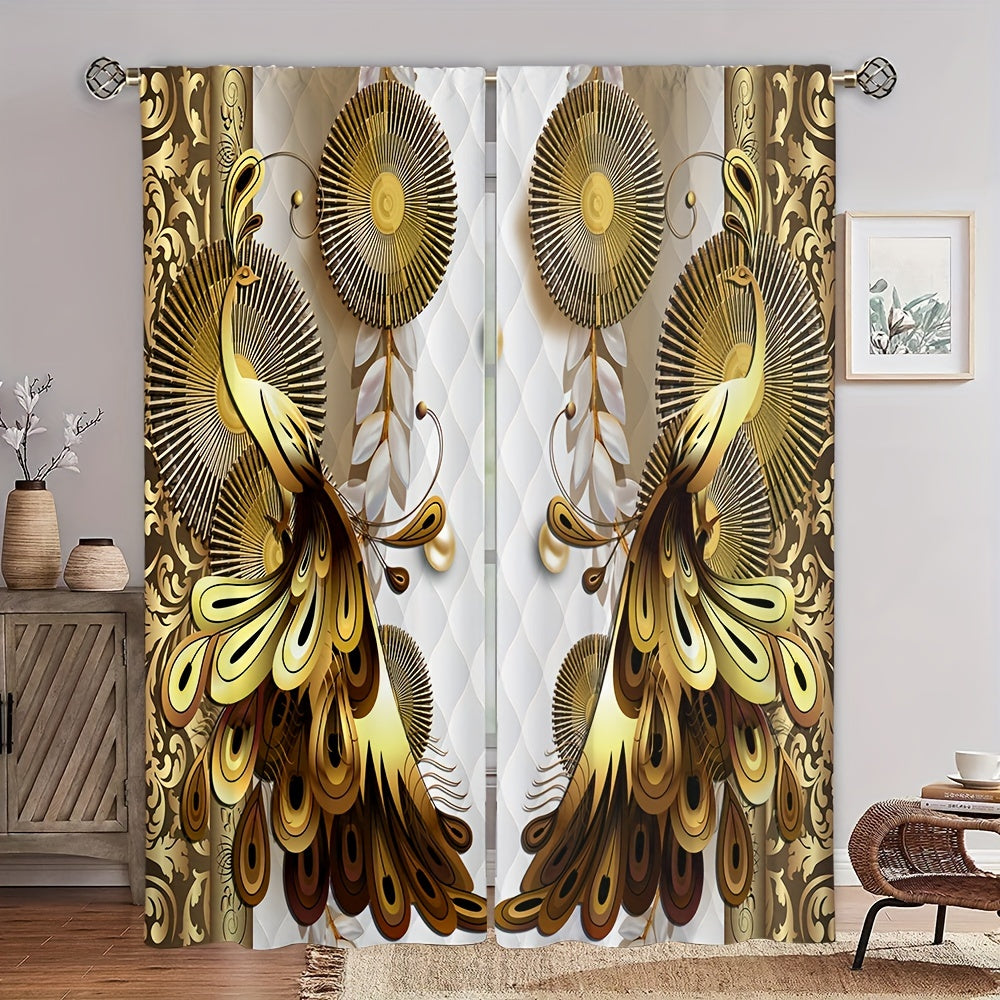 2 Panels Golden Peacock Curtain Rod Pocket Top Window Drapes