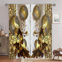 2 Panels Golden Peacock Curtain Rod Pocket Top Window Drapes