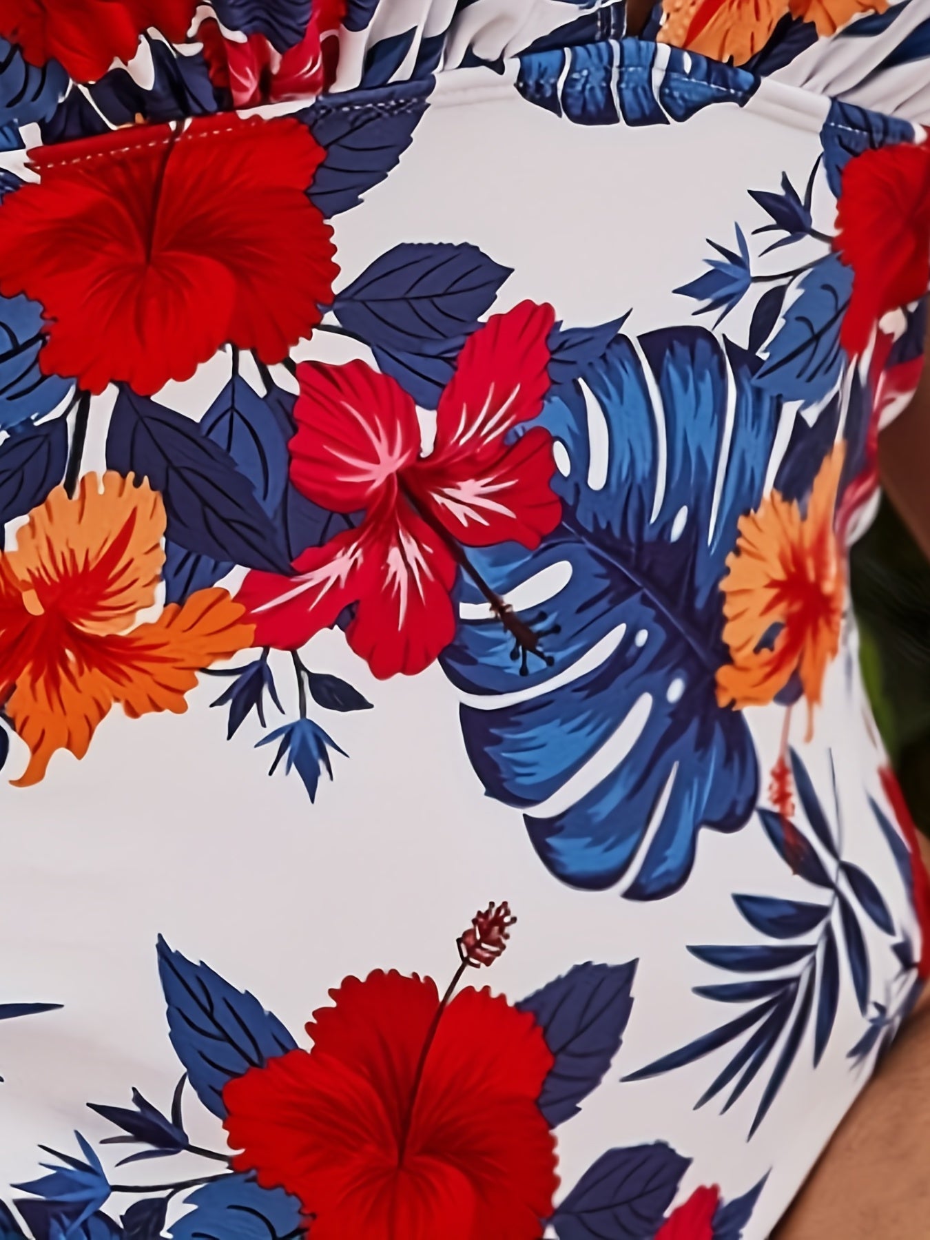Tropical Print Deep V Neck One Piece Swimsuit