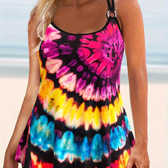 Rainbow Tie Dye Tankini Set Round Neck Cami Top & Shorts Swimsuit