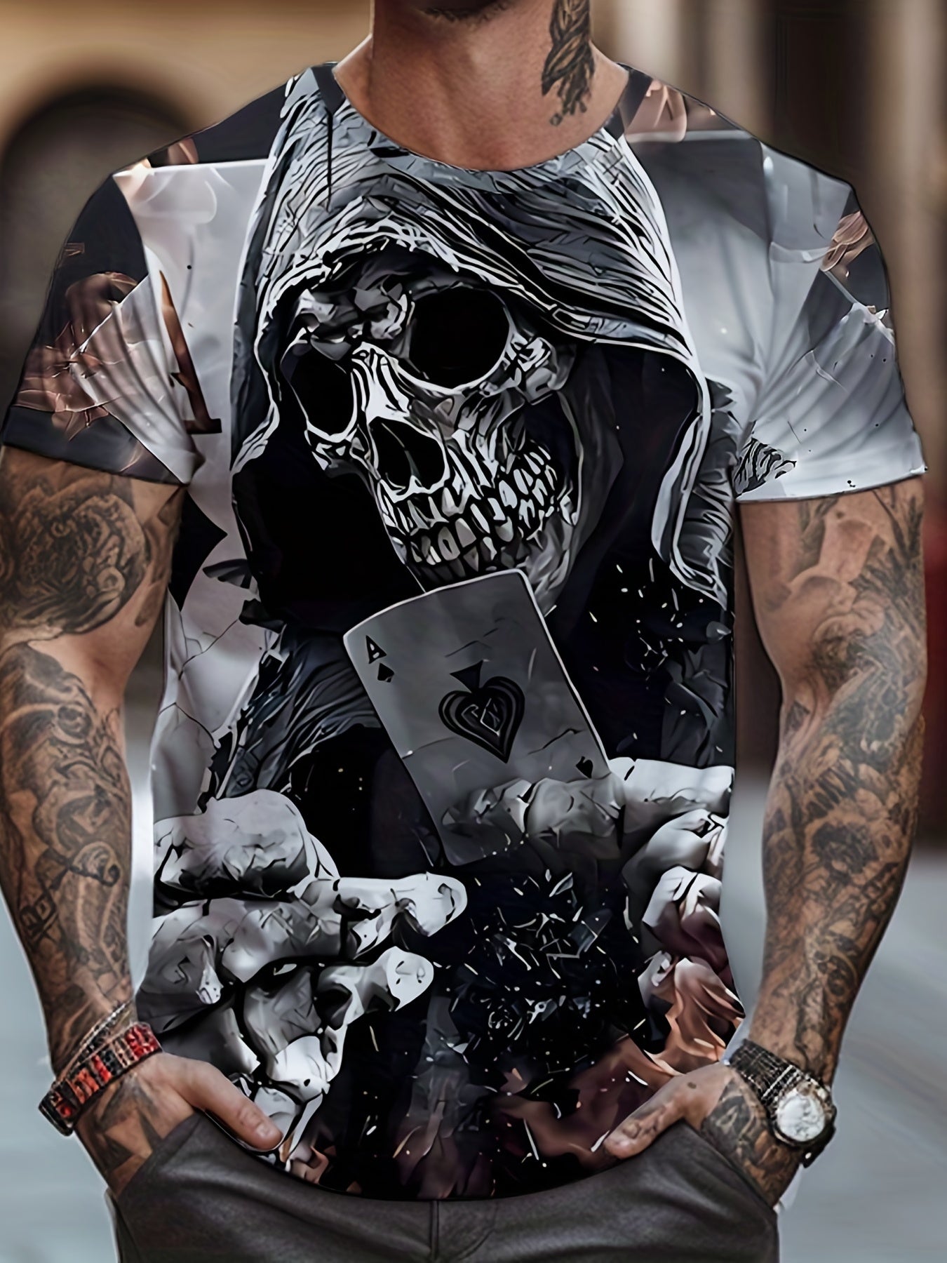 Men's 3D Death & Poker Card Print T shirt Casual Comfy Crew Neck Tee