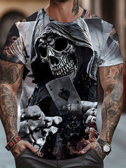 Men's 3D Death & Poker Card Print T shirt Casual Comfy Crew Neck Tee