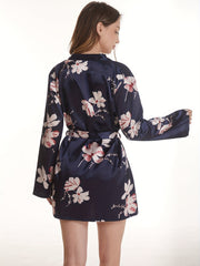 Floral Print Night Robe Deep V Long Sleeve Women's Sleepwear