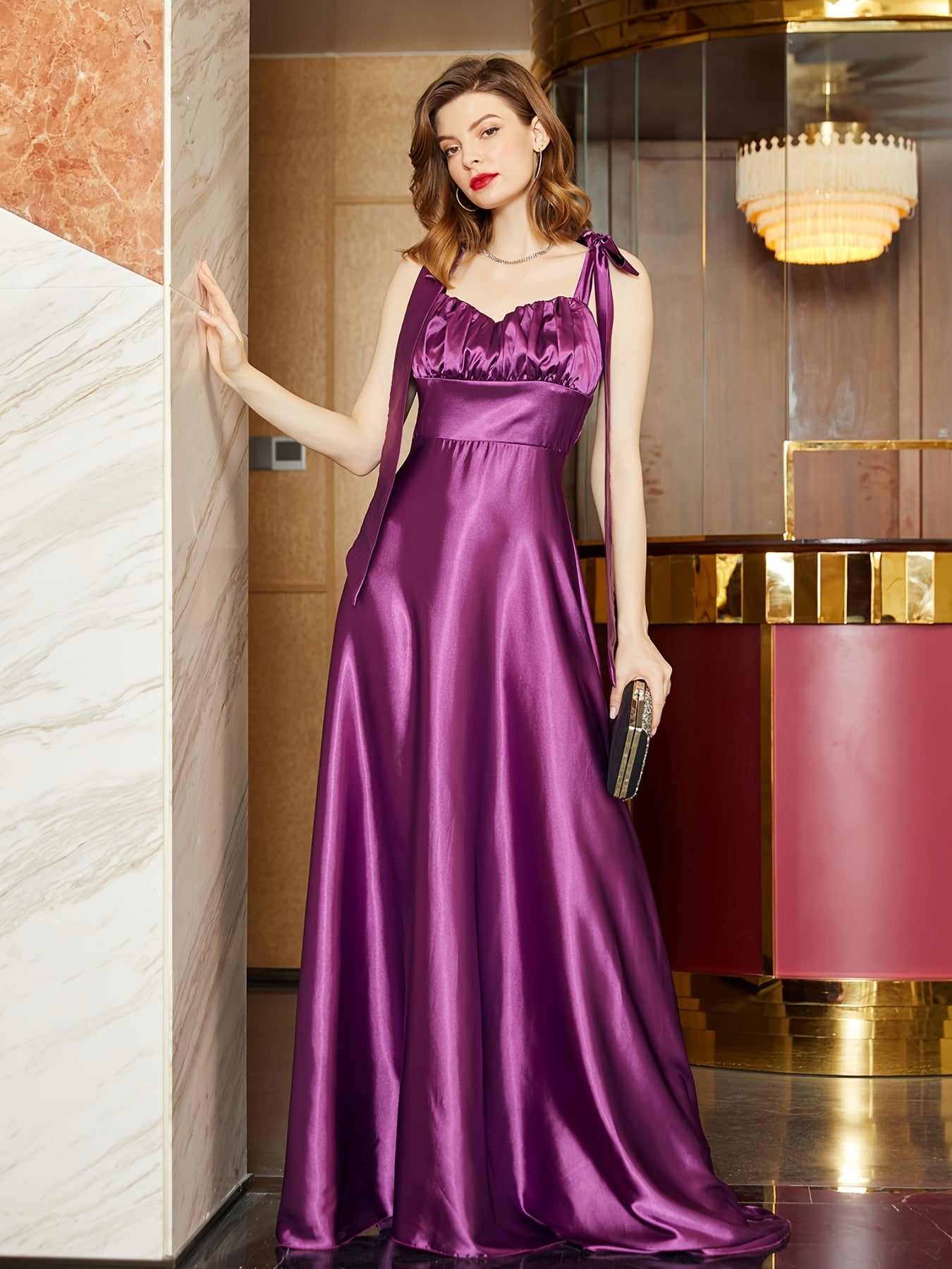 Satin Backless Bridesmaid Dress Sleeveless Lace Up Ruched Waist Gowns