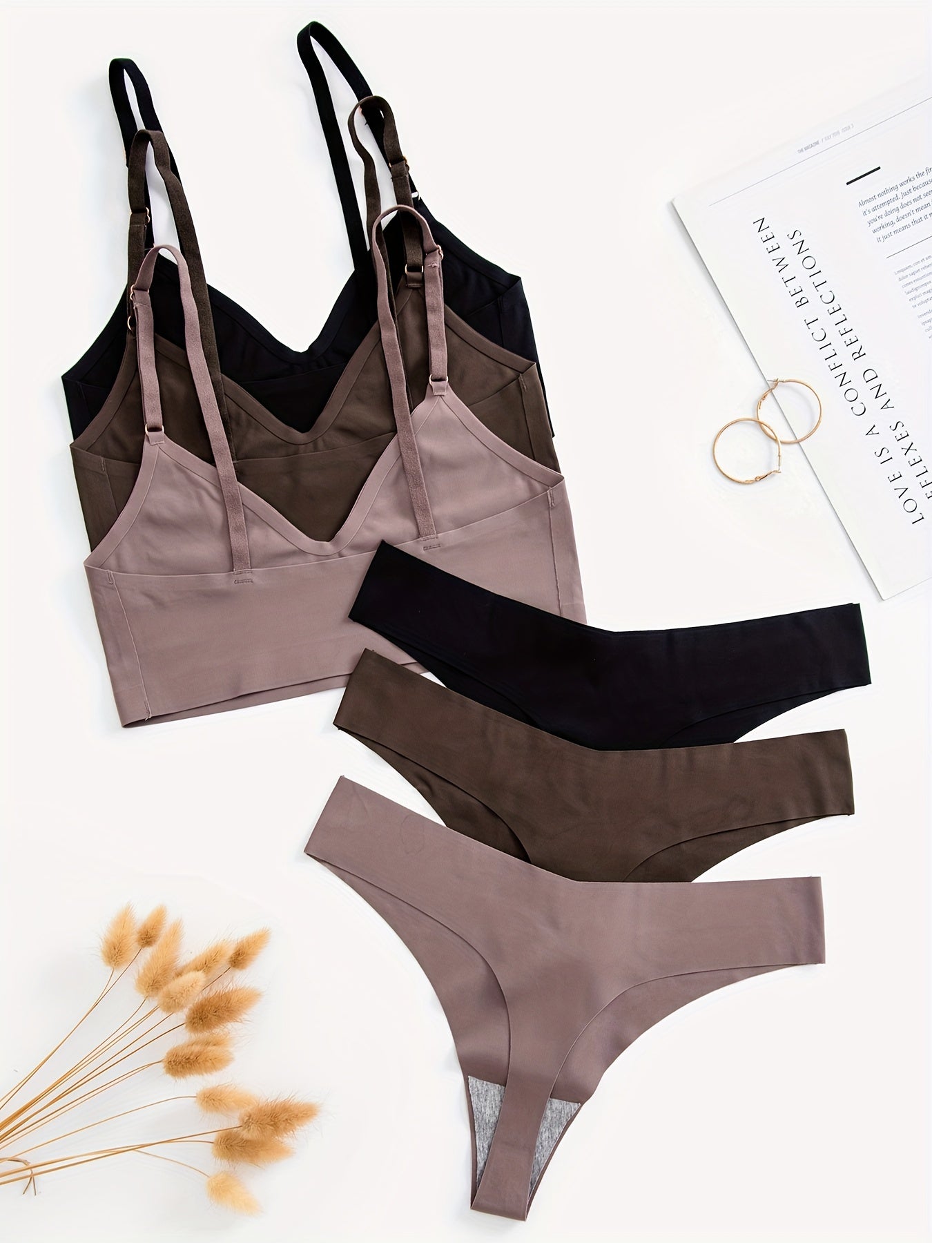 3 Sets Seamless Bra & Panties Solid Stretch Bralette & Thong Panties Set