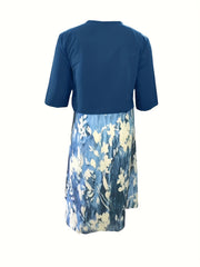 Casual 2pc Set: Solid Open Front Cardigan & Floral V Neck Dress