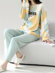 Bear Print Pajama Set Long Sleeve Top & Pants Women's Sleepwear