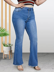 High Rise Flared Leg Jeans with Fringe Trim