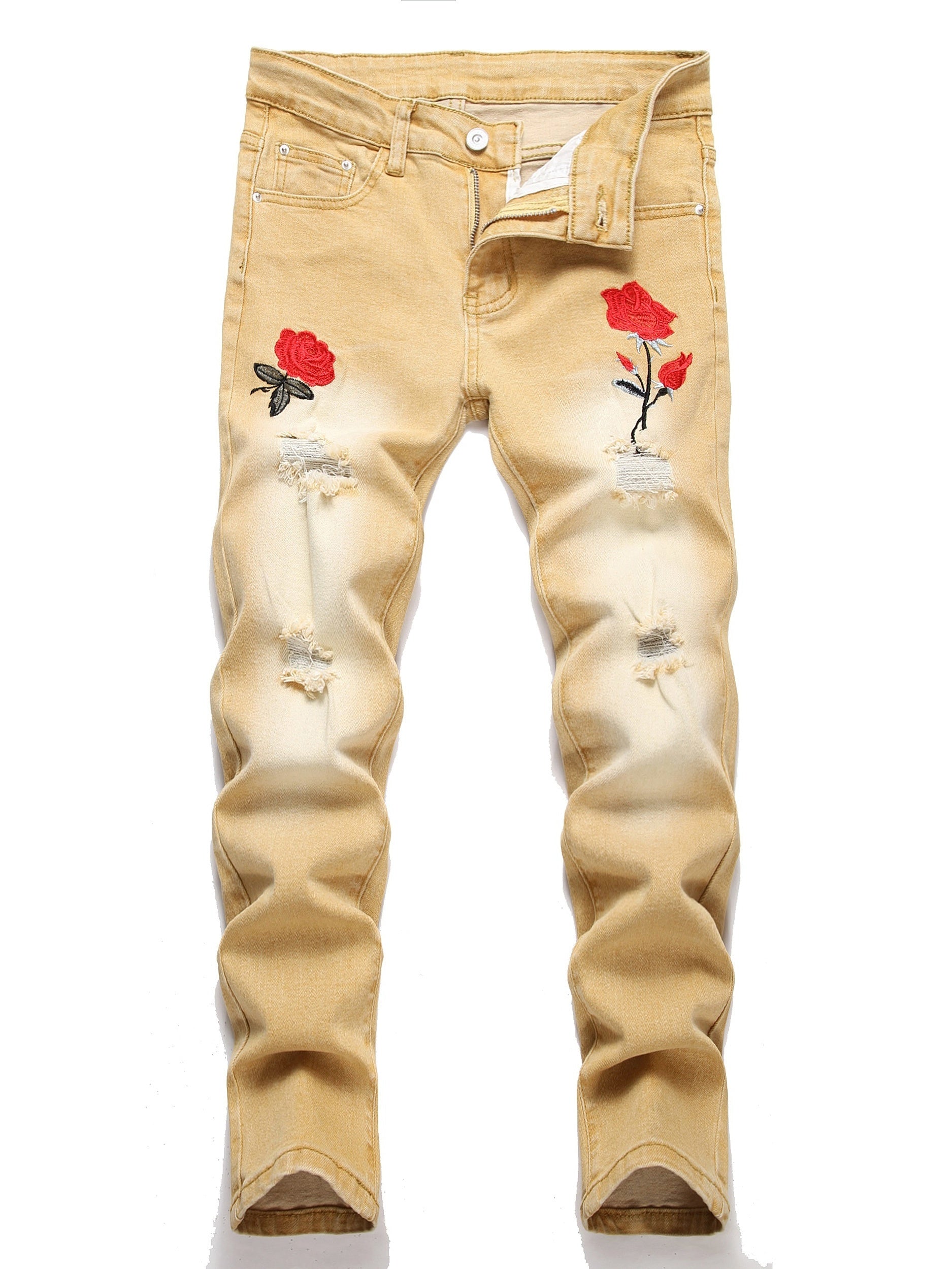 Boys Rose Print Ripped Jeans Skinny Denim Pants