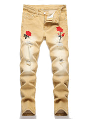 Boys Rose Print Ripped Jeans Skinny Denim Pants
