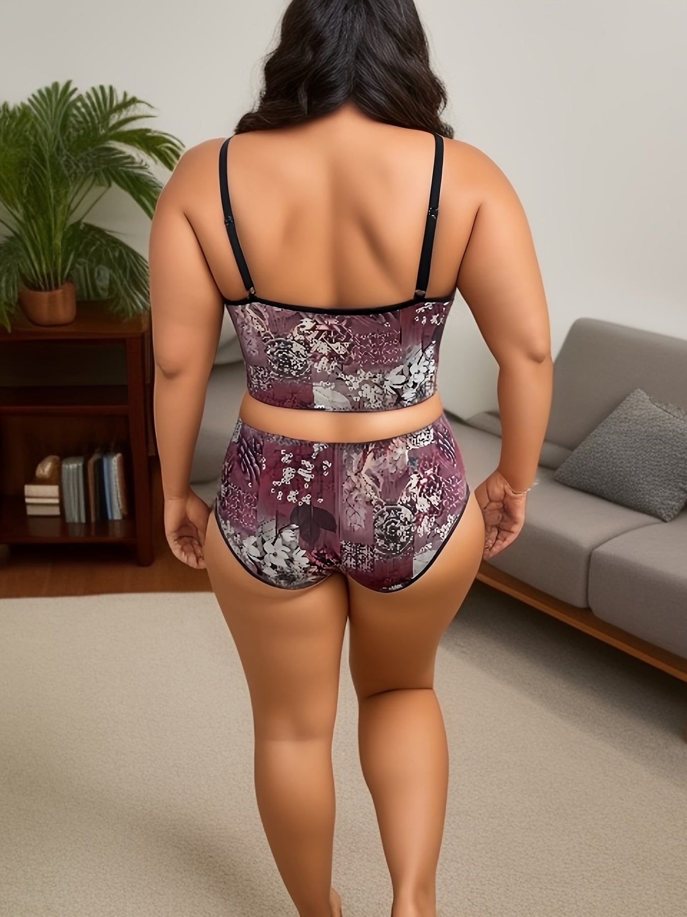 Retro Underwear Set Women's Plus Floral Print Bra & Panty Set
