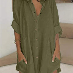 Solid Button Up Roll Up Sleeve Collar Mini Shirt Dress