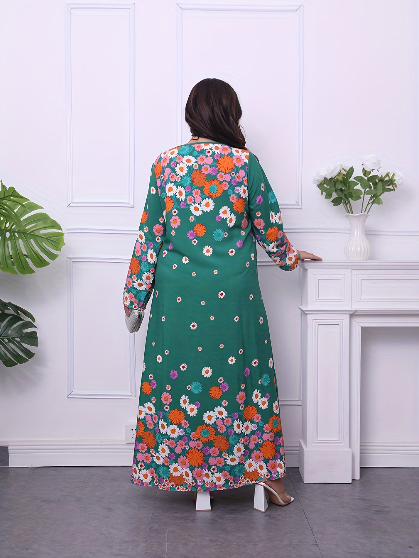 Floral Print Long Sleeve Plus Size Maxi Dress
