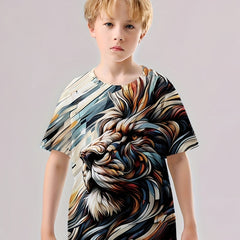 Lion Painting Print Boy's Stylish Tee Short Sleeve Crew Neck T-shirt